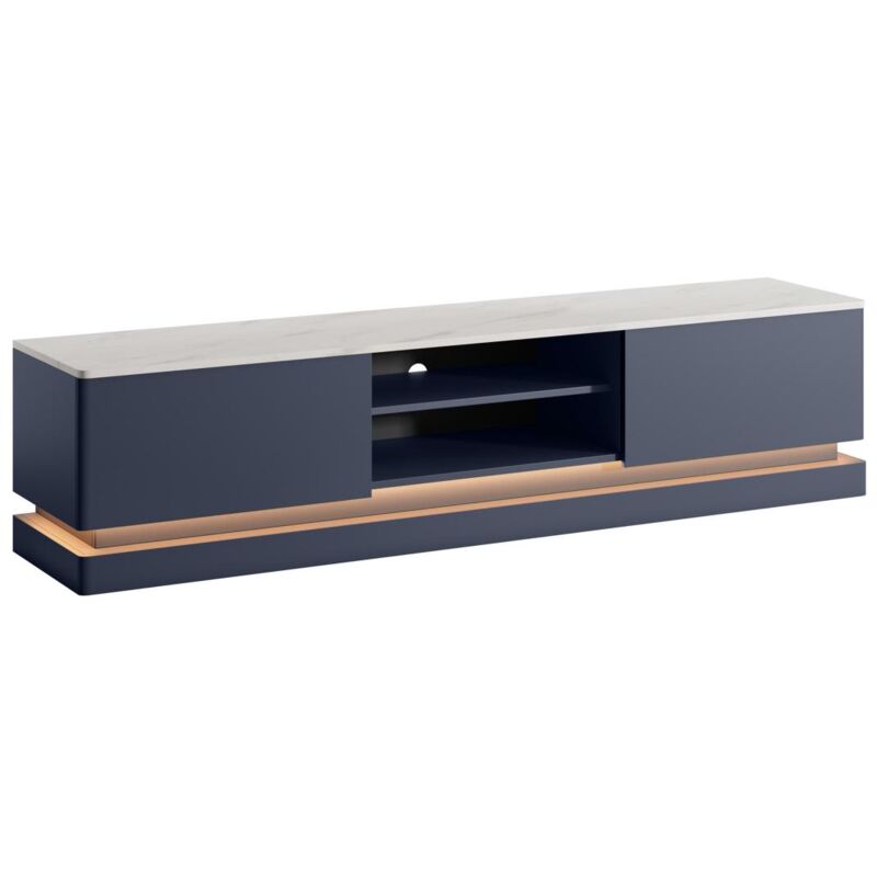 foto del prodotto pascal morabito mobile tv 2 cassetti e 2 nicchie con led mdf blu effetto marmo bianco devika di