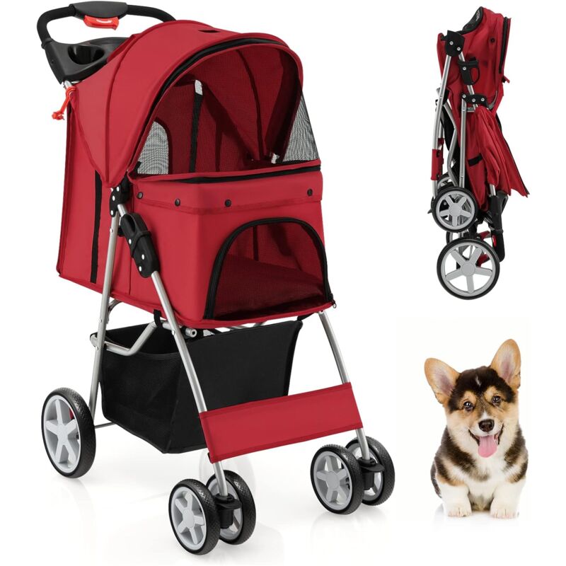 foto del prodotto passeggino animali domestici pieghevole, 2 in 1 trasportino per cani gatti, con porta doppio, freno posteriore, 4 ruote girevoli, carrozzina compatta
