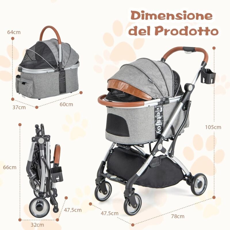 foto del prodotto passeggino per animali domestici 3 in 1, trasportino pieghevole per cani gatti con cesto portaoggetti, portabicchieri e manico telescopico,
