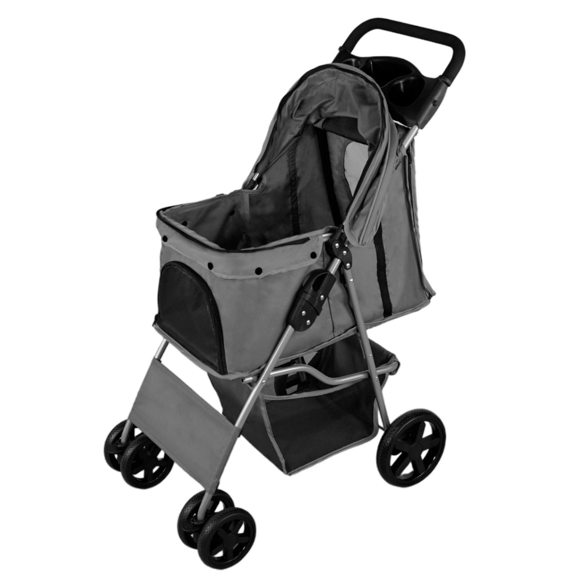 foto del prodotto passeggino per animali domestici trasportino pieghevole trolley da viaggio per gatti e cani copertura anti pioggia grigio