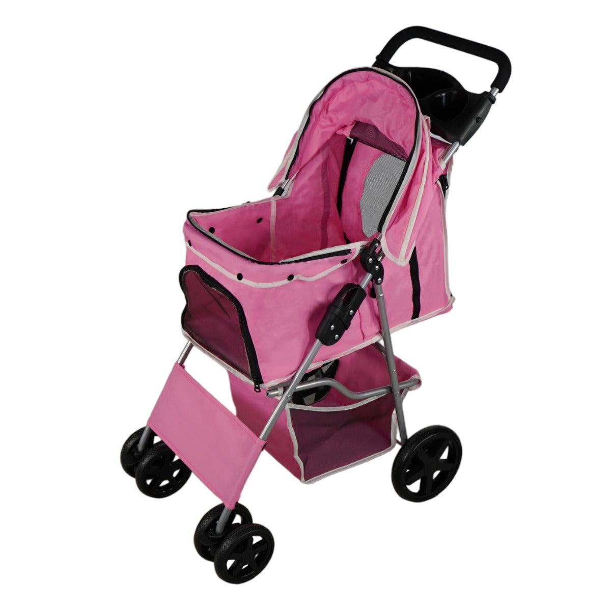 foto del prodotto passeggino per animali domestici trasportino pieghevole trolley da viaggio per gatti e cani copertura anti pioggia rosa