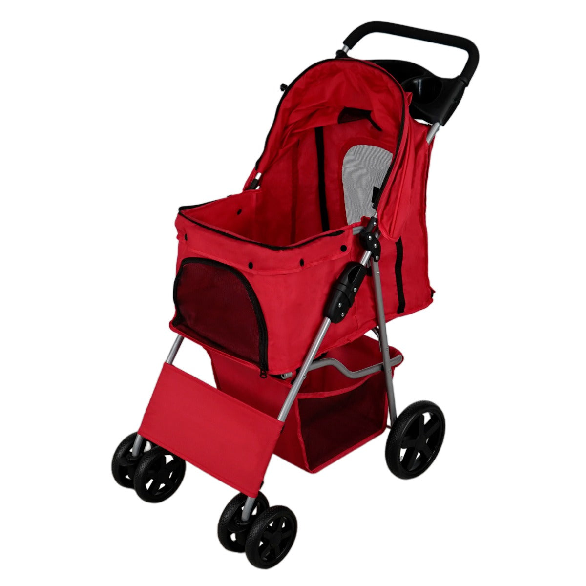 foto del prodotto passeggino per animali domestici trasportino pieghevole trolley da viaggio per gatti e cani copertura anti pioggia rosso