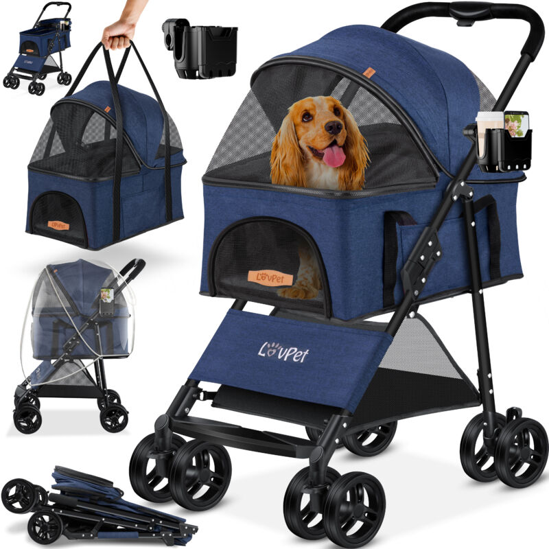 foto del prodotto passeggino per cani 2in1 dog buggy borsa da trasporto per cani box pieghevole fino a 20 kg pets buggy con finestre a rete e copertura antipioggia jogger blu - lovpet