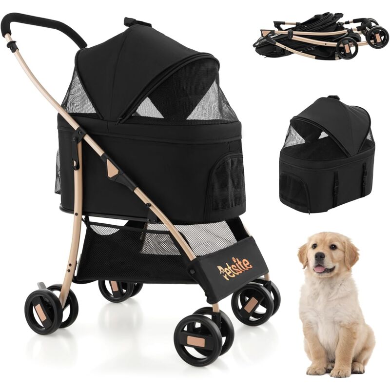 foto del prodotto passeggino pieghevole portatile per cani e gatti 3 in 1, trasportino a 4 ruote per animali con seggiolino rimovibile per auto, cesto, per cani di