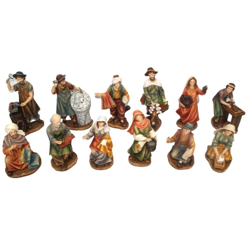 foto del prodotto pastorelli per presepe in poliresina con animali, doni e mestieri 12 soggetti 15 cm