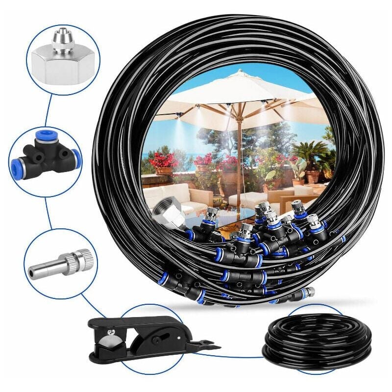 foto del prodotto patio mister, sistema di nebulizzazione da 15m con 15 ugelli raffreddamento mister da giardino con tubo flessibile resistente e ugelli rimovibili per