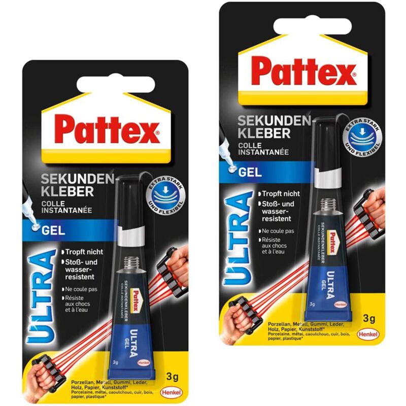 foto del prodotto pattex instant adhesive ultra, 2x 3 g supercolla extra forte e flessibile, colla per riparazioni resistente agli urti e all acqua con consistenza