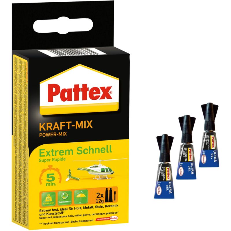 foto del prodotto pattex kraft mix extrem veloce, estremamente veloce adesivo a 2 componenti a base di resina epossidica, per molti materiali, set di risparmio con