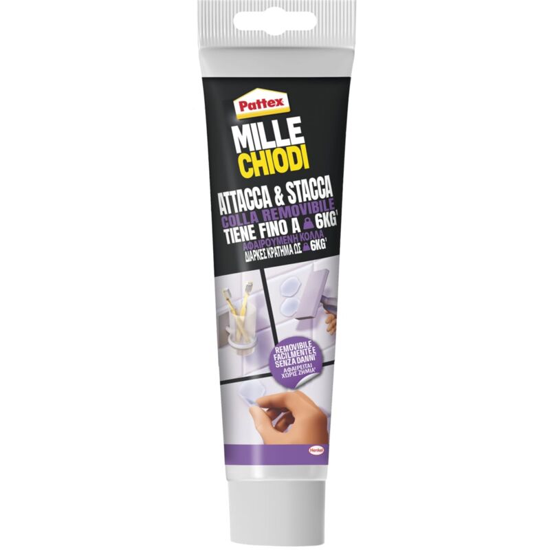 foto del prodotto pattex millechiodi attacca stacca, adesivo di montaggio forte, colla attacca tutto per mensole, scaffali e appendiabiti a parete, facilmente