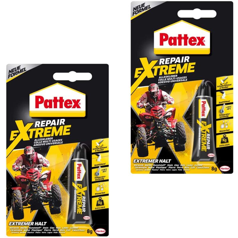 foto del prodotto pattex repair extreme, 2 tubi da 8 g restringente e flessibile per tutti gli usi, riparazioni resistente alle temperature, adesivo forte per uso