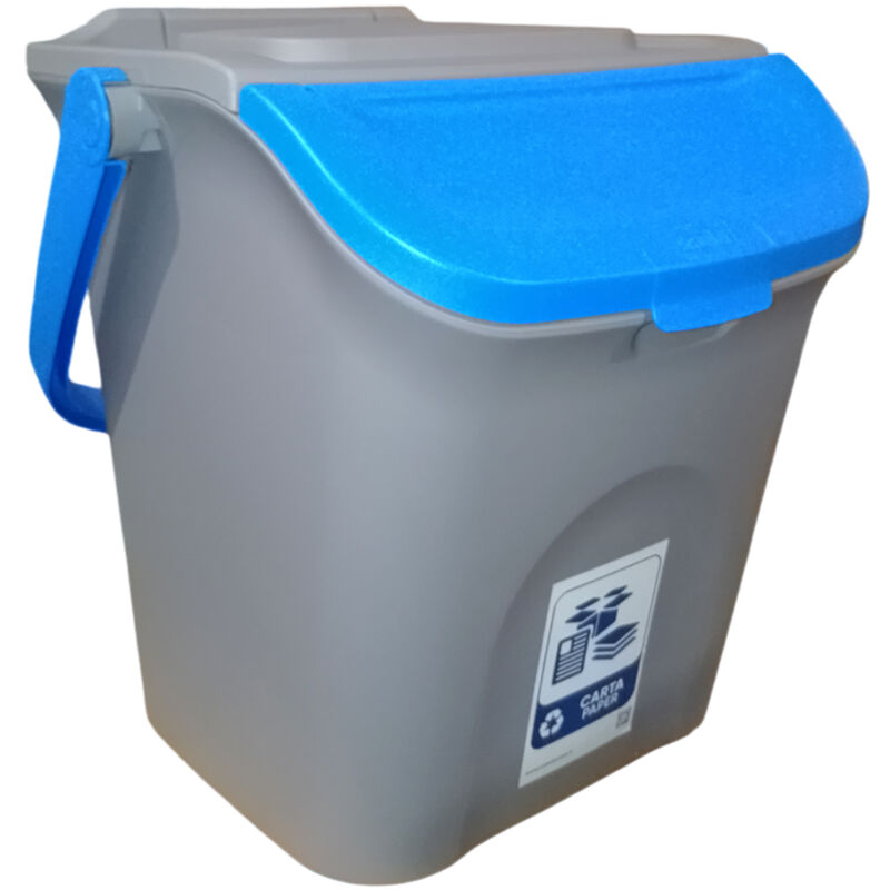 foto del prodotto pattumiera 28l per la racolta differenziata blu con etichetta rifiuti vetro secchio contenitore con manico e coperchio sovrapponibile chiusura