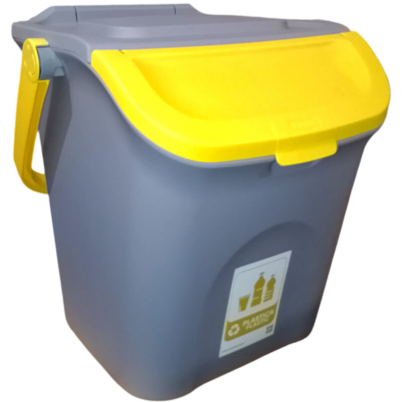 foto del prodotto pattumiera 28l per la racolta differenziata giallo con etichetta rifiuti vetro secchio contenitore con manico e coperchio sovrapponibile chiusura
