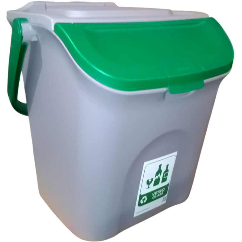 foto del prodotto pattumiera 28l per la racolta differenziata verde con etichetta rifiuti vetro secchio contenitore con manico e coperchio sovrapponibile chiusura