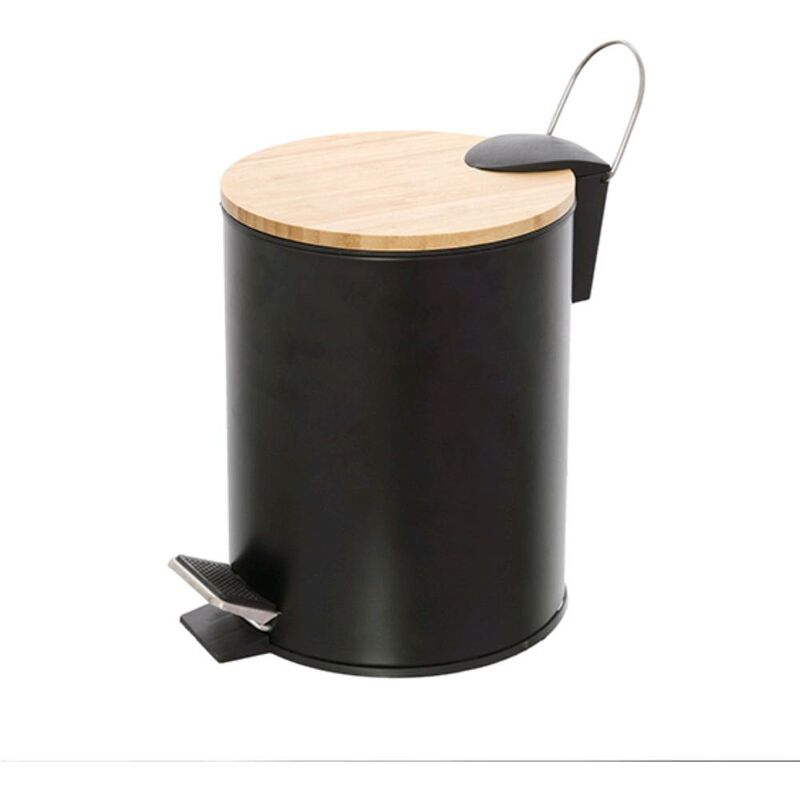 foto del prodotto pattumiera 3 litri per bagno in acciaio colore nero opaco e bambu per wc