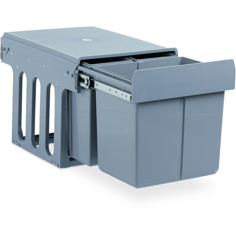 foto del prodotto pattumiera a incasso da cucina, estraibile, triplo contenitore, 15 e 8 l, plastica 35,1x34,3x48 cm, grigio relaxdays