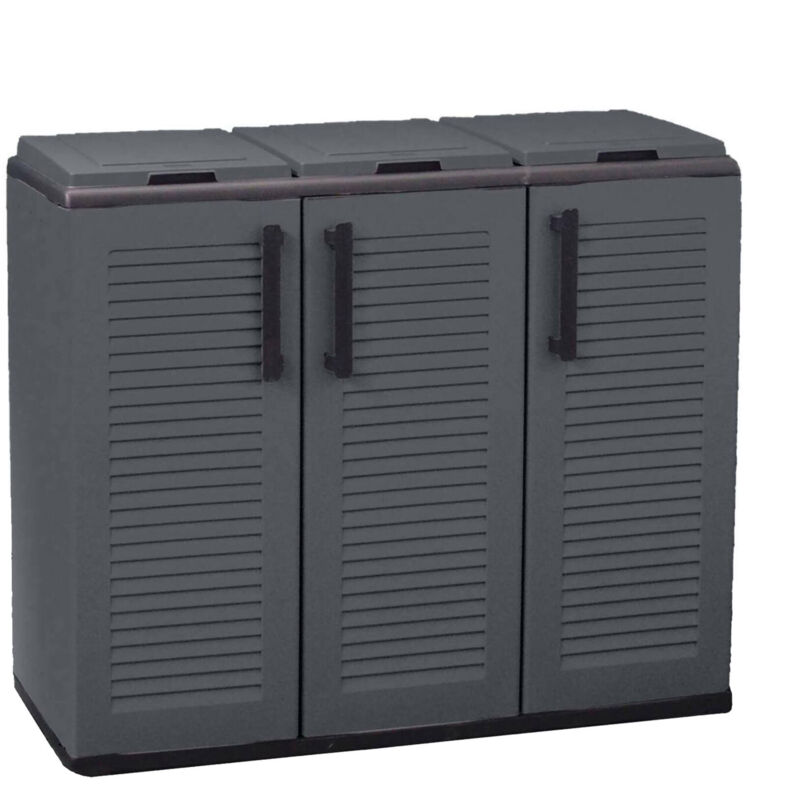 foto del prodotto pattumiera arko, cestino portarifiuti, bidone per raccolta differenziata a 3 ante, 100 made in italy, 102x37h84 cm, grigio e nero, finitura righe