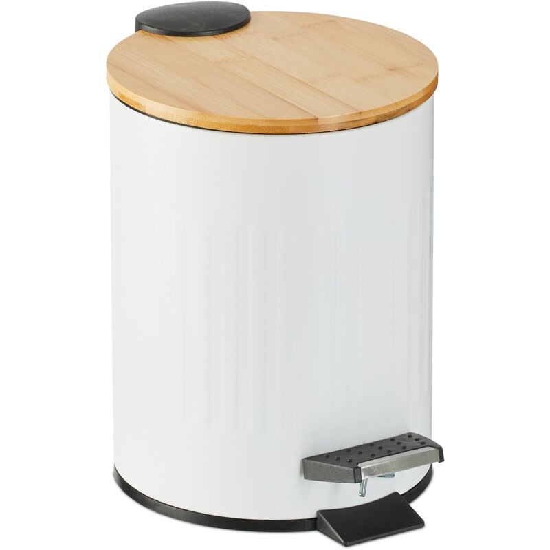 foto del prodotto pattumiera bagno a pedale 3 l, cestino con secchio rimovibile e coperchio ammortizzato, ferro e bamb , bianco relaxdays