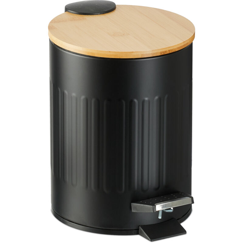 foto del prodotto pattumiera bagno a pedale 3 l, cestino con secchio rimovibile e coperchio ammortizzato, ferro e bamb , nero relaxdays
