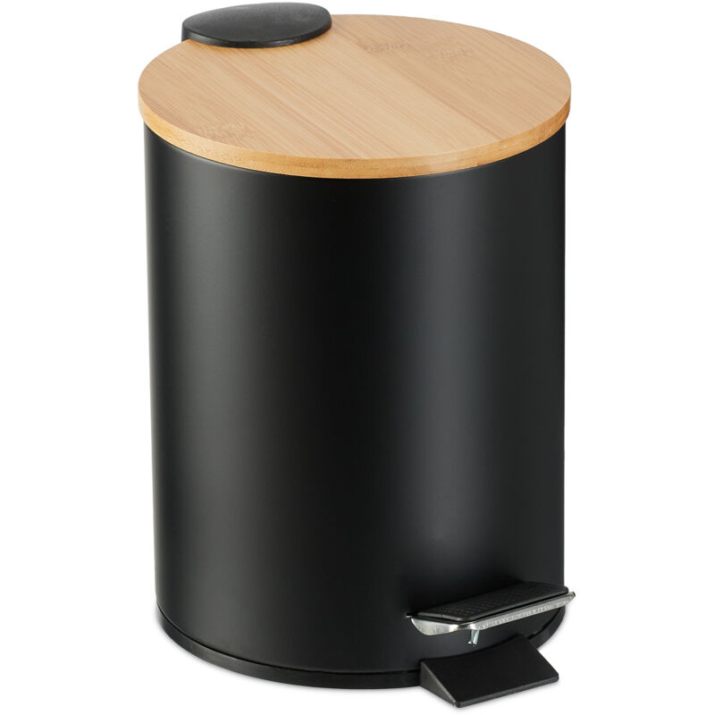 foto del prodotto pattumiera bagno a pedale 3 l, cestino cosmetici con cesto interno rimovibile, bidone in ferro e bamb , nero relaxdays