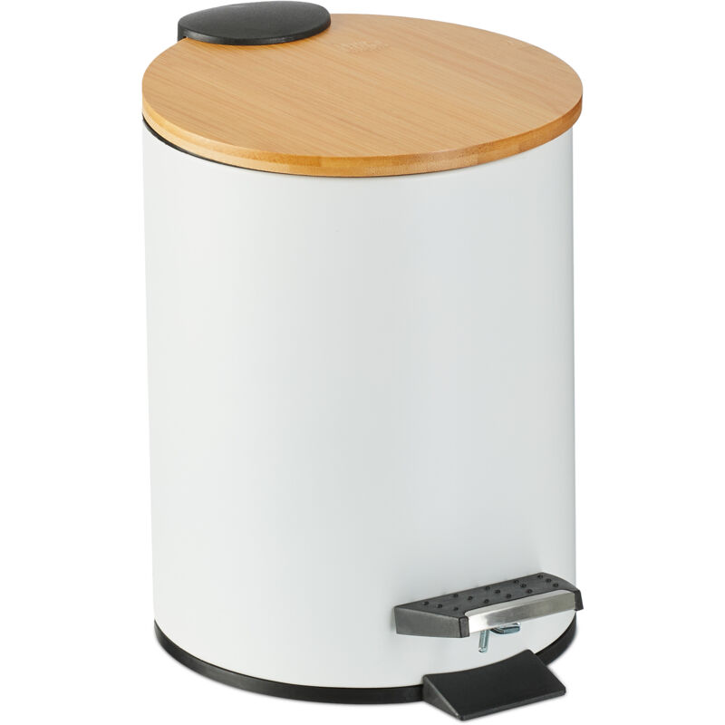 foto del prodotto pattumiera bagno a pedale da 3 l, cestino cosmetici con cesto interno rimovibile, bidone ferro e bamb , bianco relaxdays
