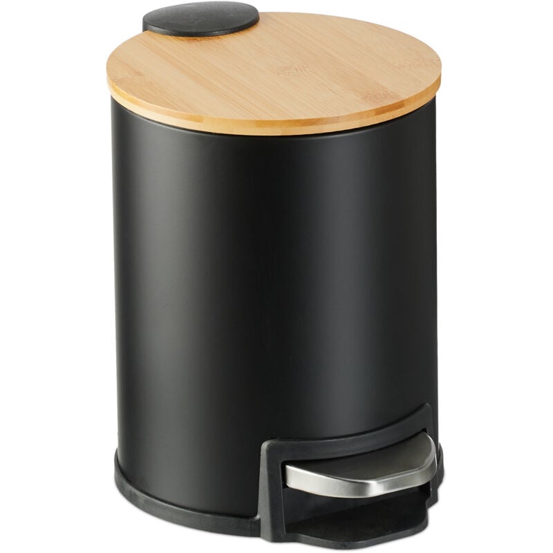 foto del prodotto pattumiera bagno a pedale da 3 l, cestino cosmetici con secchio interno rimovibile, bidone ferro e bamb , nero relaxdays