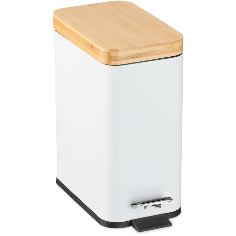 foto del prodotto pattumiera bagno a pedale da 5 l, cestino cosmetici, cesto interno rimovibile, bidone in ferro e bamb , bianco relaxdays