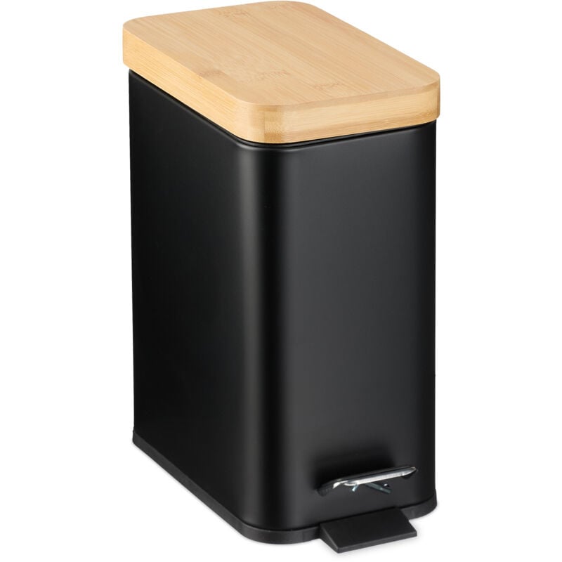 foto del prodotto pattumiera bagno a pedale da 5 l, cestino cosmetici, cesto interno rimovibile, bidone in ferro e bamb , nero relaxdays