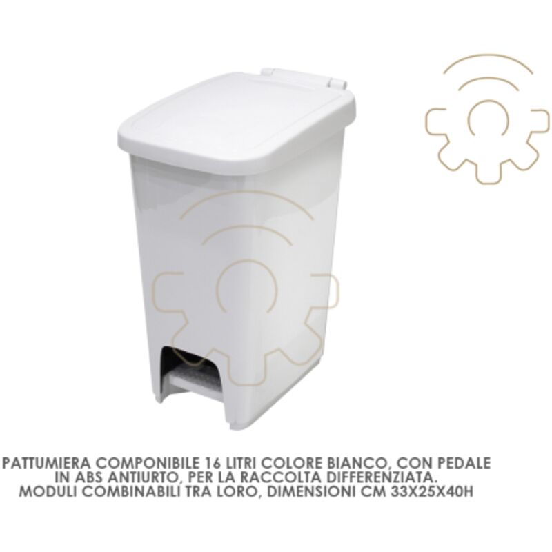 foto del prodotto pattumiera componibile 16 litri bianca con pedale cm 33 x 25 x 40 h raccolta differenziata rifiuti