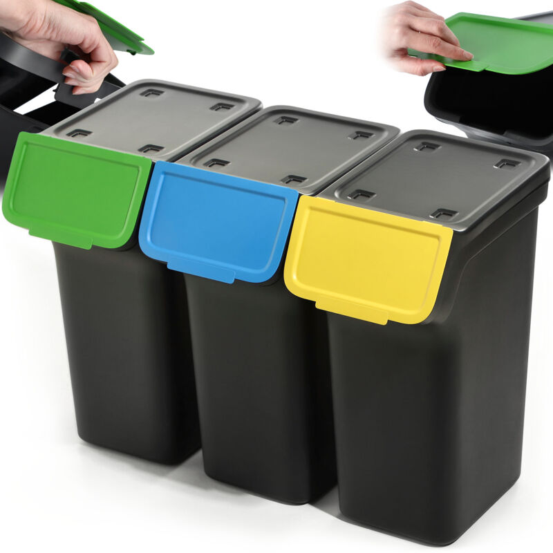 foto del prodotto pattumiera con coperchio, contenitore in plastica, per la raccolta differenziata, rettangolare con coperchio incernierato nero, 3 x 25 l kadax