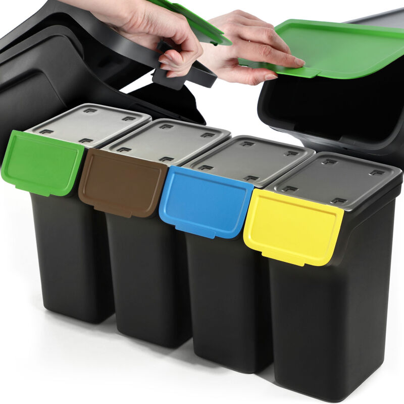 foto del prodotto pattumiera con coperchio, contenitore in plastica, per la raccolta differenziata, rettangolare, con coperchio incernierato nero, 4 x 25 l kadax
