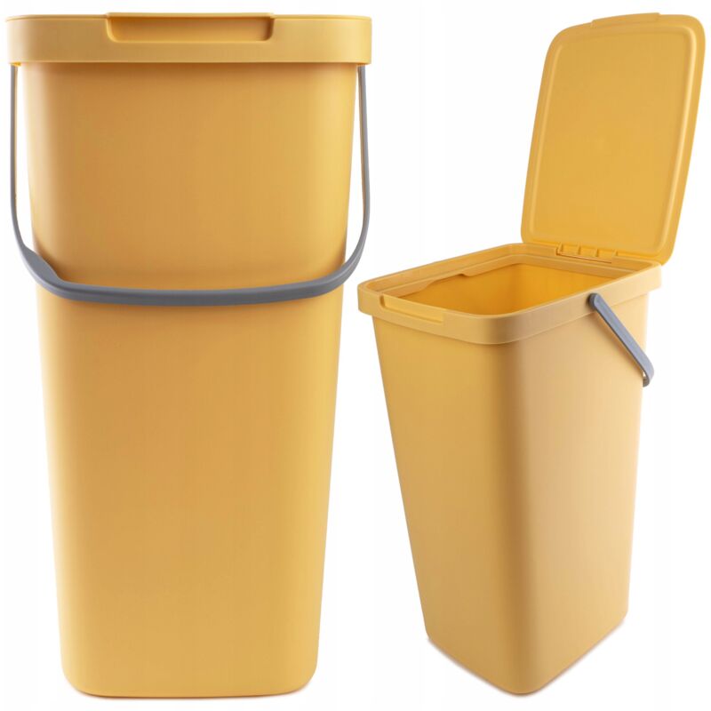 foto del prodotto pattumiera con coperchio e maniglia, pattumiera in plastica, per la raccolta differenziata, rettangolare, con coperchio incernierato giallo, 25 l 