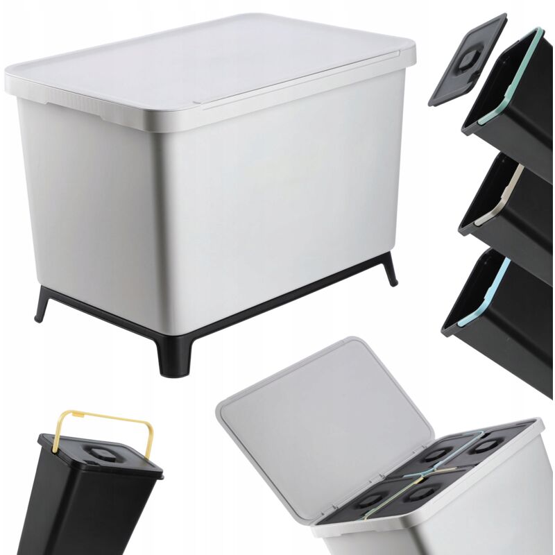 foto del prodotto pattumiera con coperchio incernierato, rettangolare, in plastica, con maniglia per il trasporto, per la raccolta differenziata, grigio 4 x 10 l