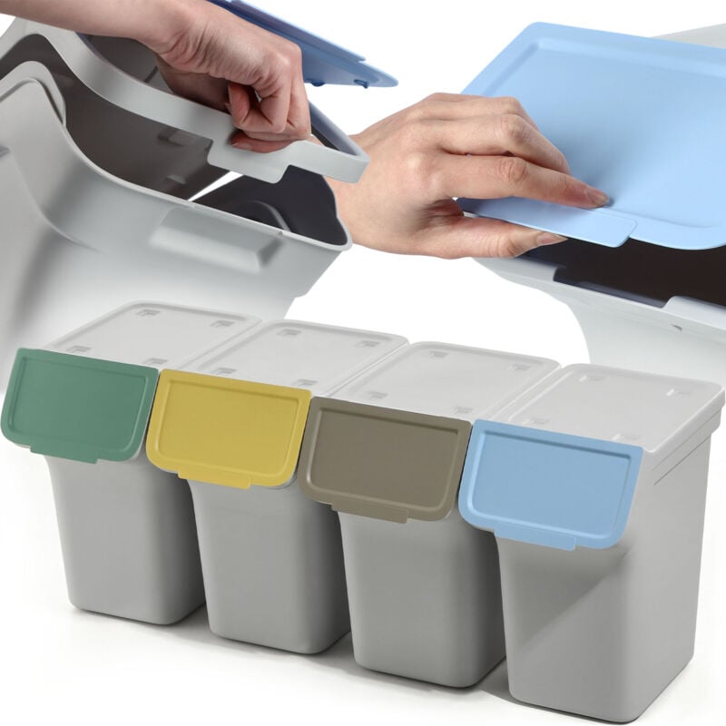 foto del prodotto pattumiera con coperchio, pattumiera in plastica, per la raccolta differenziata, rettangolare, con coperchio incernierato grigio, 4 x 20 l kadax