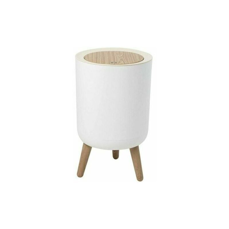 foto del prodotto pattumiera da bagno da 7 litri, pattumiera con coperchio a pressione, pattumiera bianca, pattumiera con treppiede in legno, pattumiera in plastica