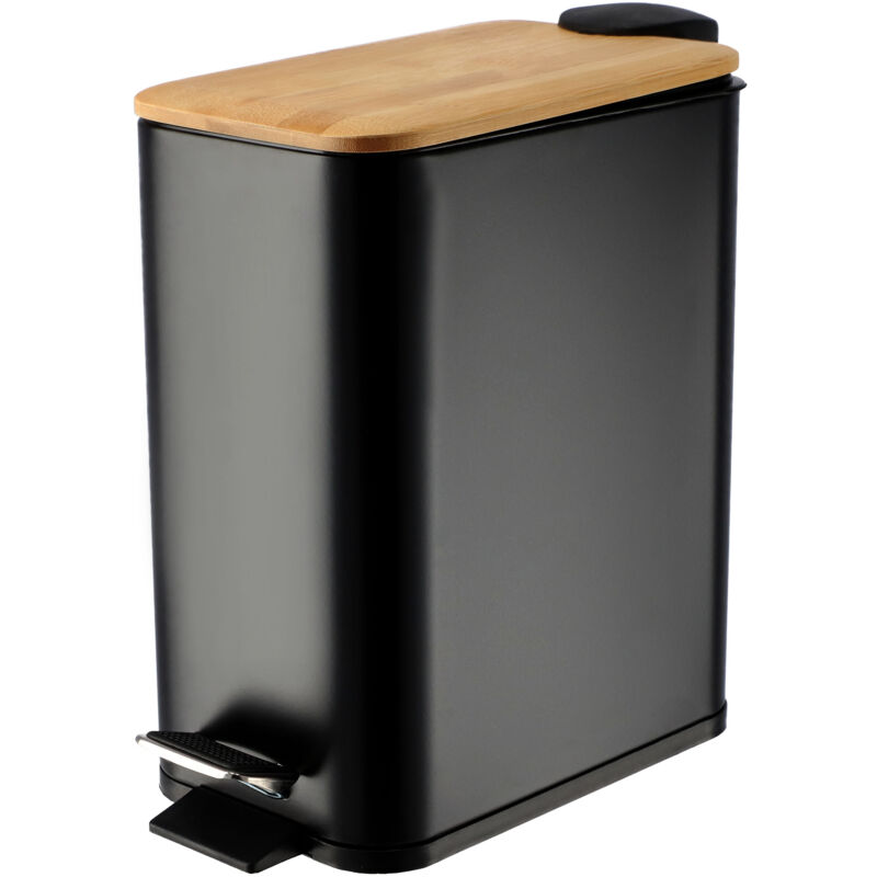foto del prodotto pattumiera da bagno in acciaio con coperchio in bamb , pedale e secchio interno rimovibile, piccola pattumiera pratica e igienica 5l, nero kadax