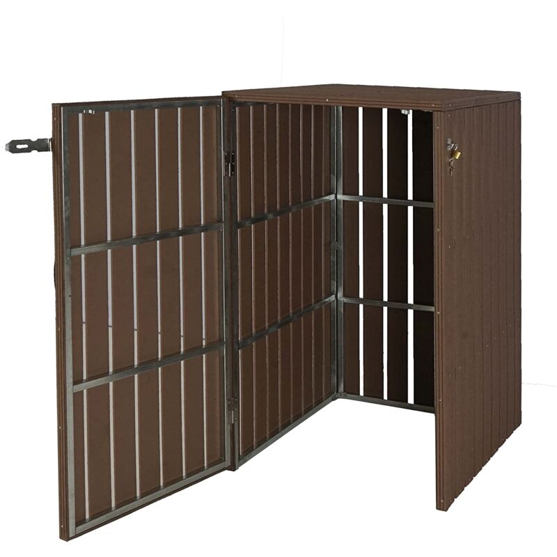 foto del prodotto pattumiera da esterno per riporre i contenitori della spazzatura fino a 2 contenitori in metallo effetto legno marrone 115x77x97 cm 040002862