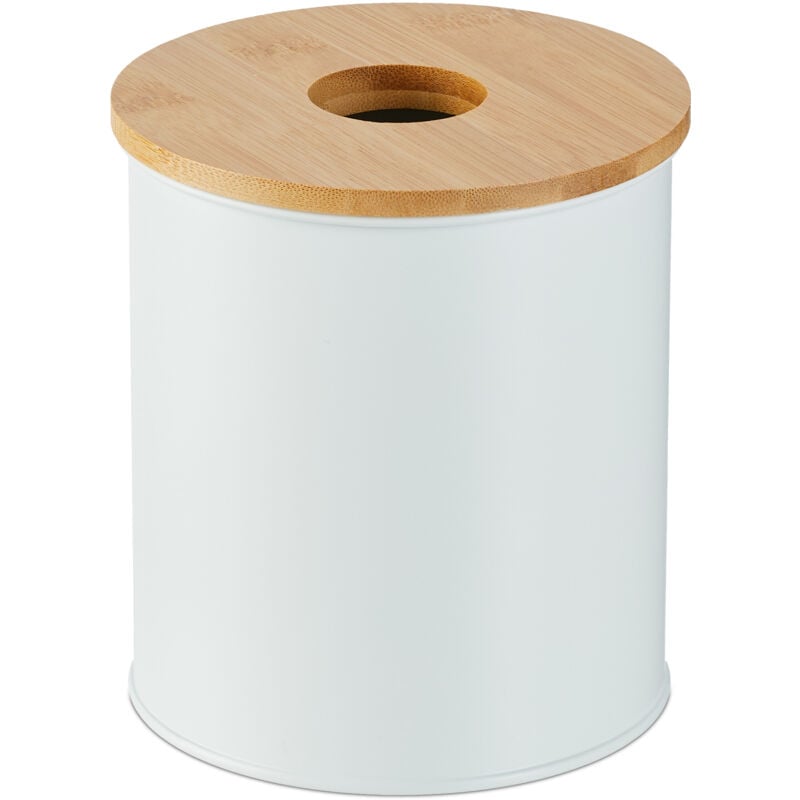 foto del prodotto pattumiera da tavolo bagno 2l, cestino rifiuti cosmetici, foro sul coperchio, bidoncino ferro e bamb , bianco relaxdays