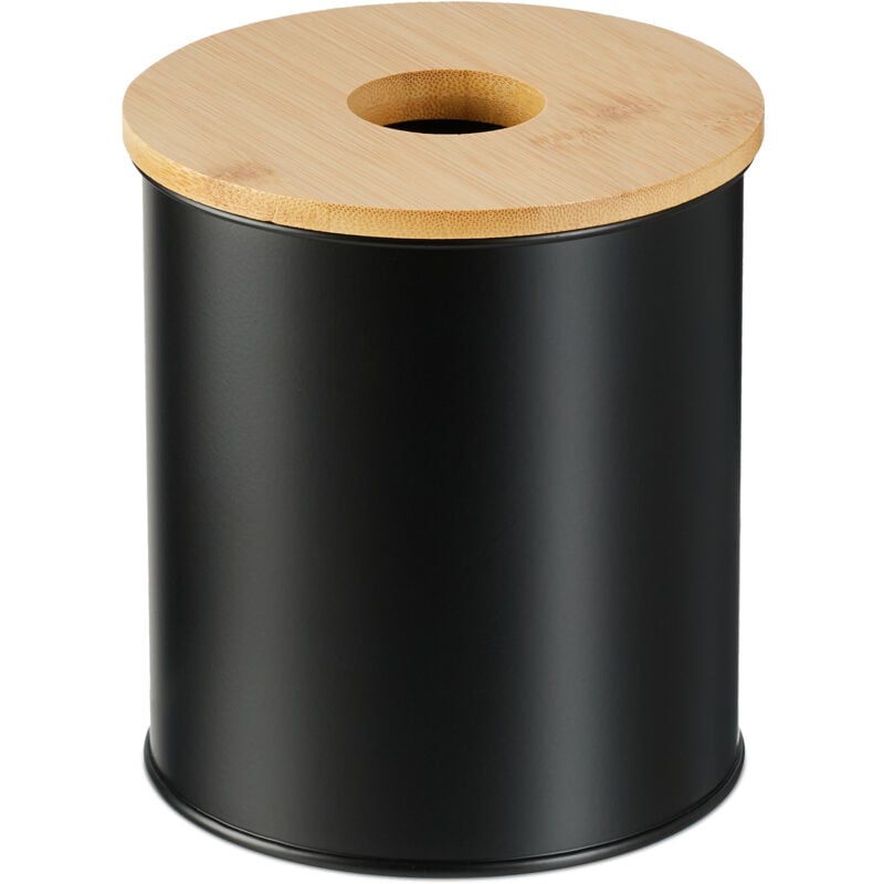 foto del prodotto pattumiera da tavolo bagno 2l, cestino rifiuti cosmetici, foro sul coperchio, bidoncino in ferro e bamb , nero relaxdays