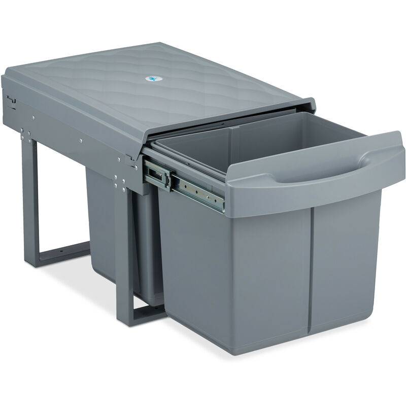 foto del prodotto pattumiera estraibile con 2 secchi, bidoni raccolta differenziata sottolavello, 2x15l, 34,6x34x51,8 cm, grigio relaxdays