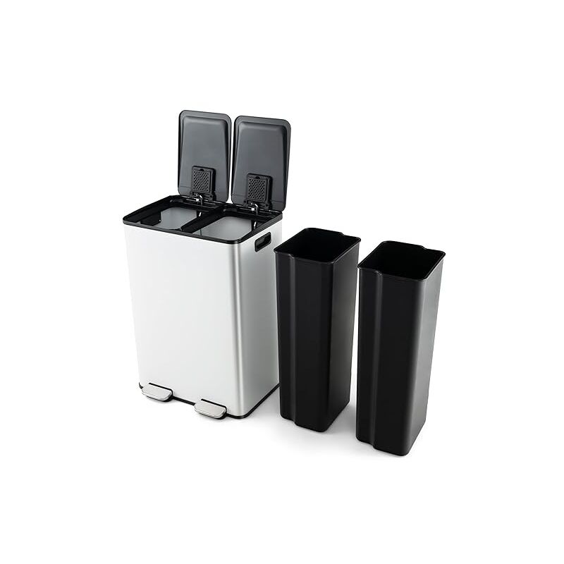 foto del prodotto pattumiera per differenziata 2 scomparti, secchi spazzatura differenziata 2 x 30 l, bidone con coperchi a chiusura morbida, acciaio inox
