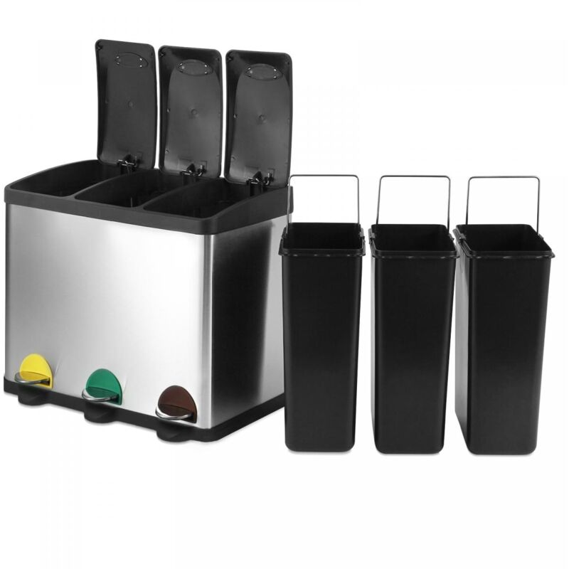 foto del prodotto pattumiera per differenziata capacit 45 l, 3 scomparti e secchi interni, pedali colorati, in inox bidone per spazzatura, cestino per raccolta,