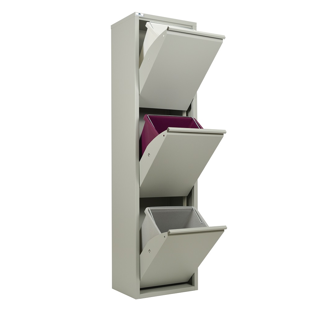 foto del prodotto pattumiera per raccolta differenziata ecopatty, 3 bidoni, grigio, mobile metallo salvaspazio, interno esterno