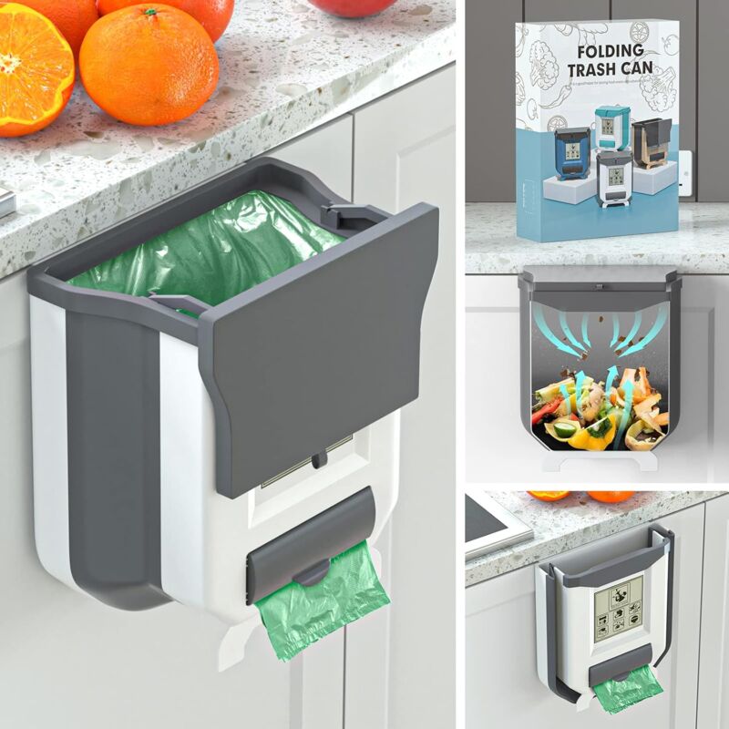 foto del prodotto pattumiera pieghevole da appendere con coperchio per cucina e campeggio, pattumiera pieghevole da cucina per cucina campeggio auto bagno ufficio