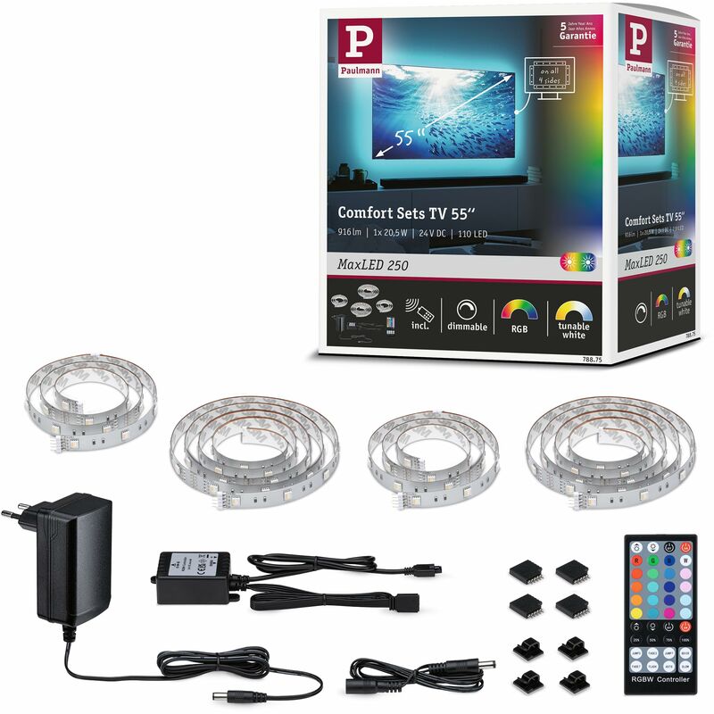 foto del prodotto paulmann 78875 maxled 250 strip led tv comfort set di base 55 pollici 3,6m 20,5w 277lm m 30leds m rgbw 24va dimmerabile 20.5 w, argento