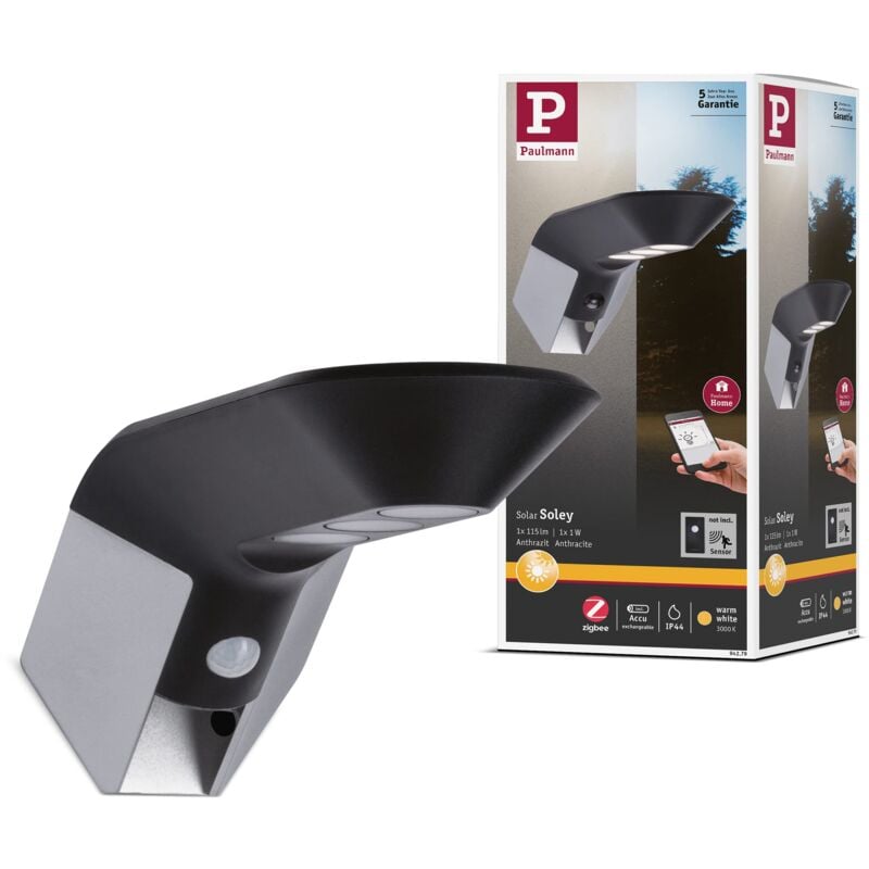 foto del prodotto paulmann 94279 led solar zigbee applique soley incl. 1 apparecchio per esterni da 1 watt protezione contro gli spruzzi d acqua ip44 antracite