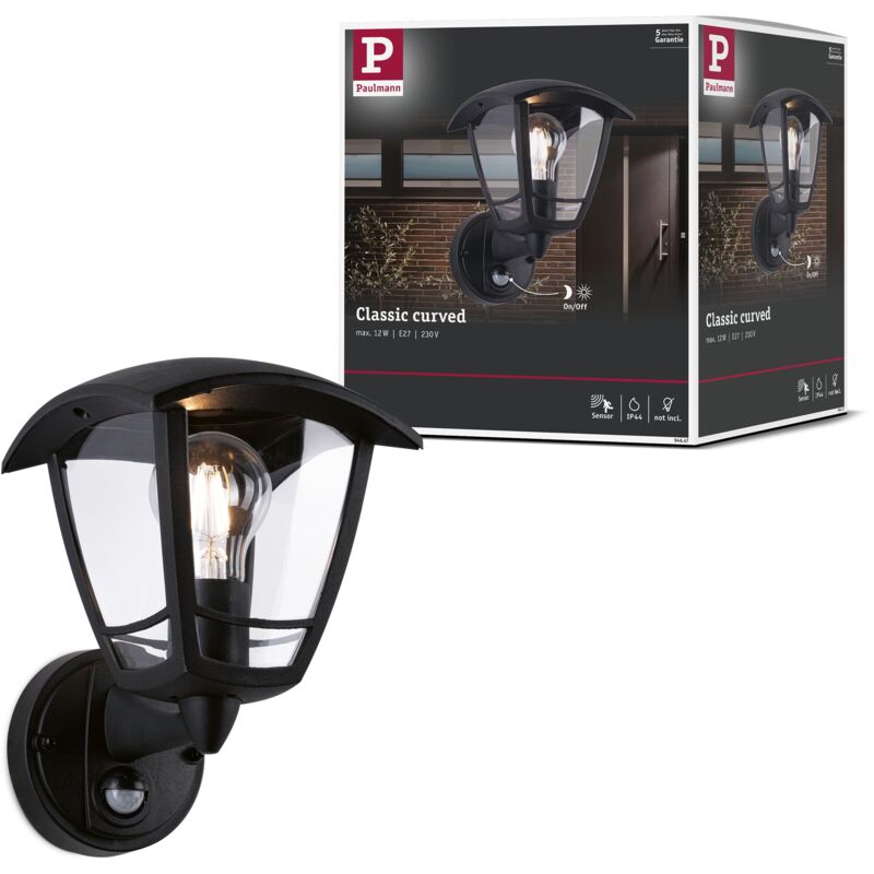 foto del prodotto paulmann 94647 lampada per esterni lampada da parete classic curved con rilevatore di movimento ip44 angolare max. 12 w nero e27