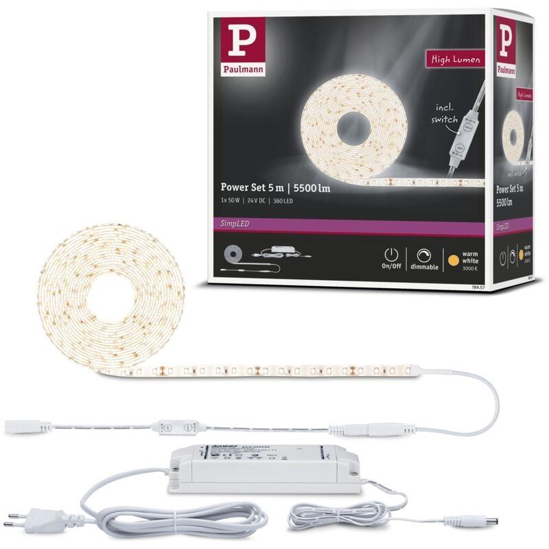 foto del prodotto paulmann power warm white 78957 strip led simpled alimentazione con dimmer su cavo da 5m 1100lm m incl. 1 fascia luminosa dimmerabile da 50 watt