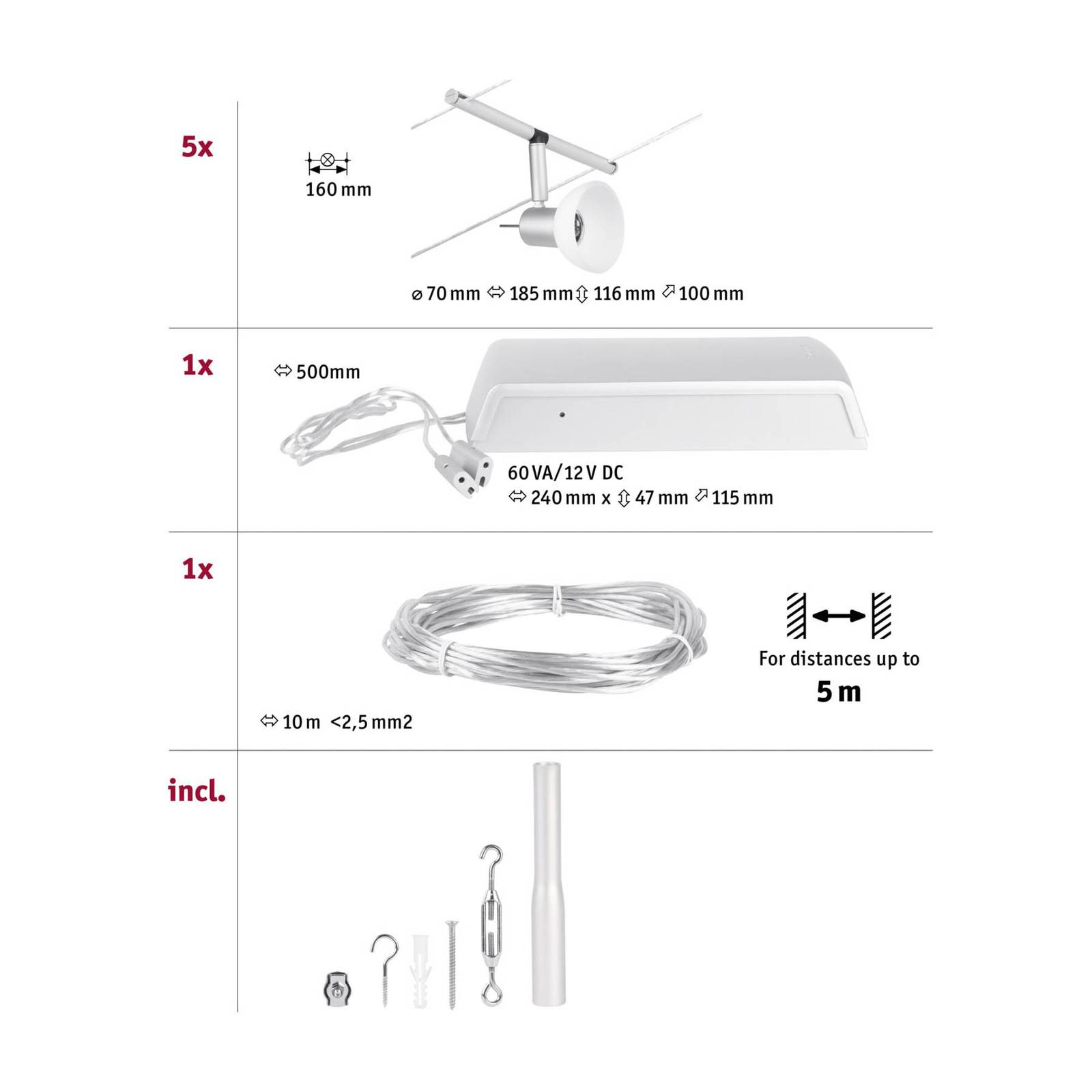 foto del prodotto paulmann wire sheela sistema funi, 5 luci 5m cromo
