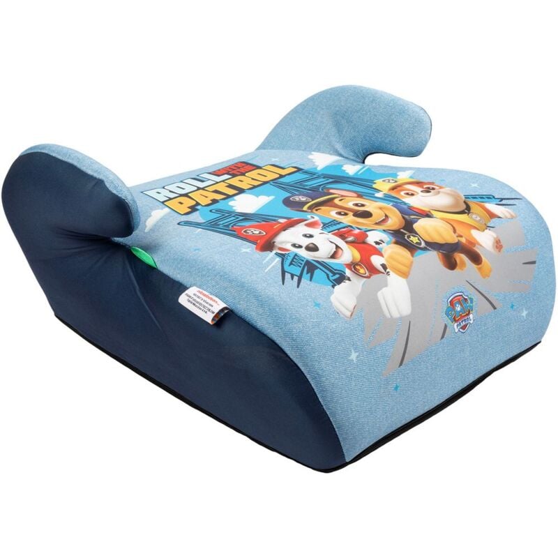 foto del prodotto paw patrol seggiolino alzabimbo auto per la sicurezza dei bambini con altezza da 125 a 150 cm con grafiche dei simpatici cagnolini chase, rubble e