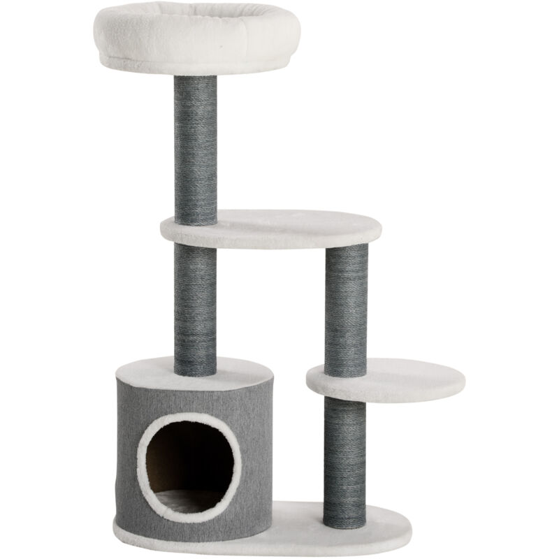 foto del prodotto pawhut albero per gatti 55.5x30.5x98 cm bianco con lettino casetta e tiragraffi
